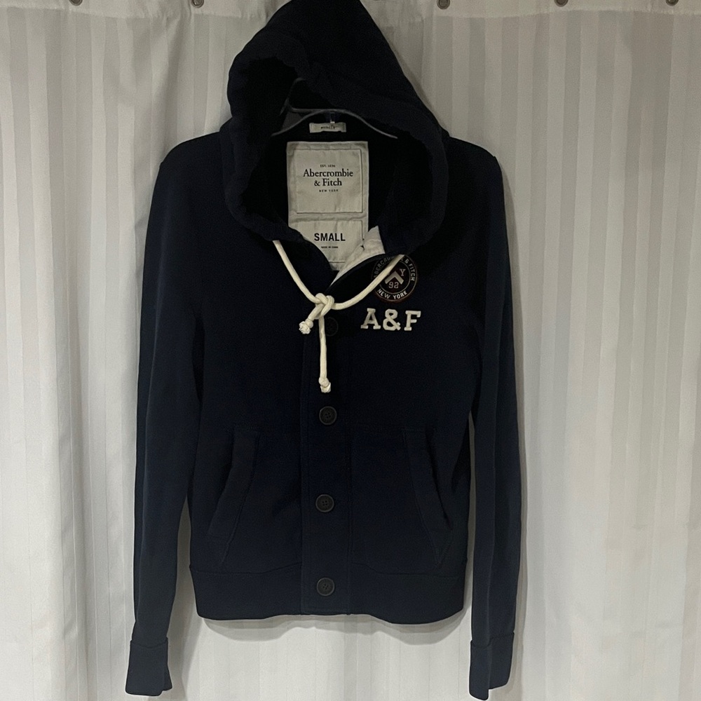 Abercrombie & Fitch Men’s Navy Button Down Hooded Sweatshirt Embroidered Logo